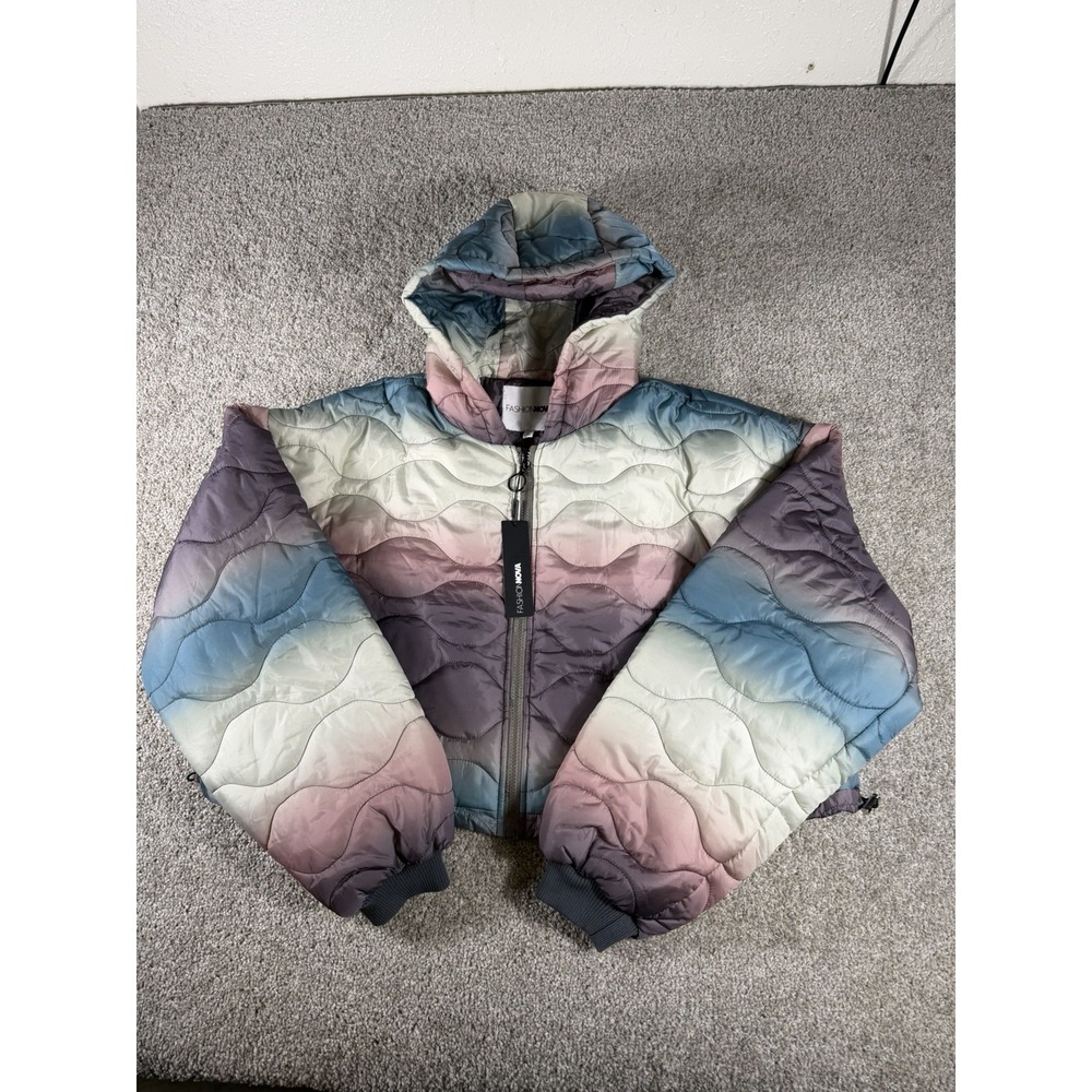 Fashion Nova Lift Me Up Puffer Jacket Size M MultiColor Ombre Hooded NWT